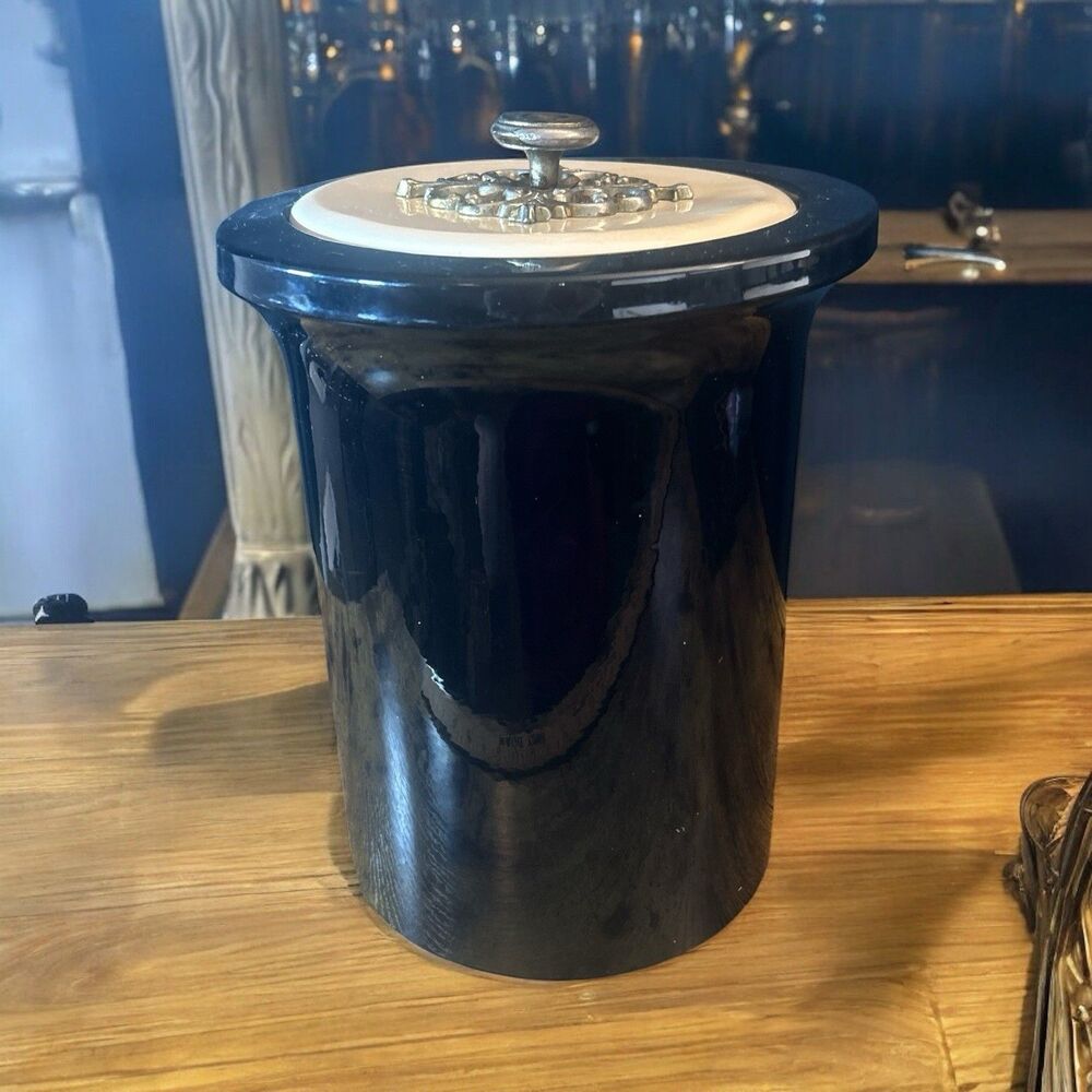 Black Vinyl Shell Ice Bucket Canister  w/ Lid Ornate Metal Accent 11” Tall MCM